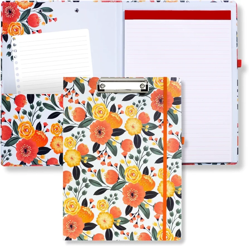 Steel Mill & Co Cute Clipboard Folio with Refillable Lined Notepad and Interior Storage Pocket, Padfolio for Work, Orange Floral