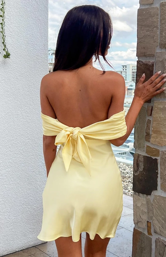 Primrose Yellow Satin Off the Shoulder Mini Dress