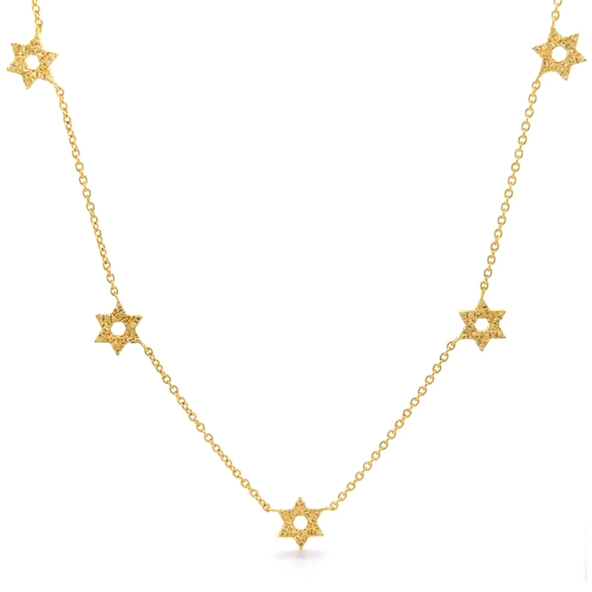 14K Gold Micro Pave Diamond Stars of David Station Necklace
