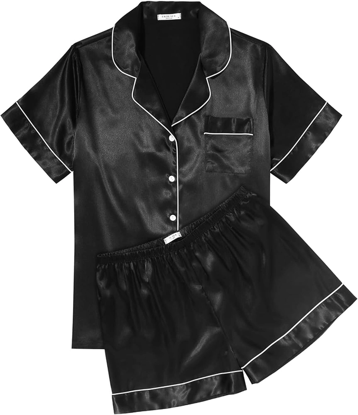 Ekouaer Womens Silk Satin Pajama Sets Soft Short Sleeve Button Down Sleepwear Top and Shorts 2 Piece Pjs Lounge Set,Black,M at Amazon Women’s Clothing store