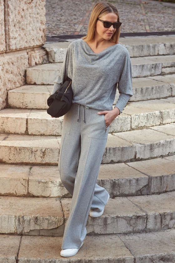 Grey Super Soft Wide Leg Trousers With Zip Pockets