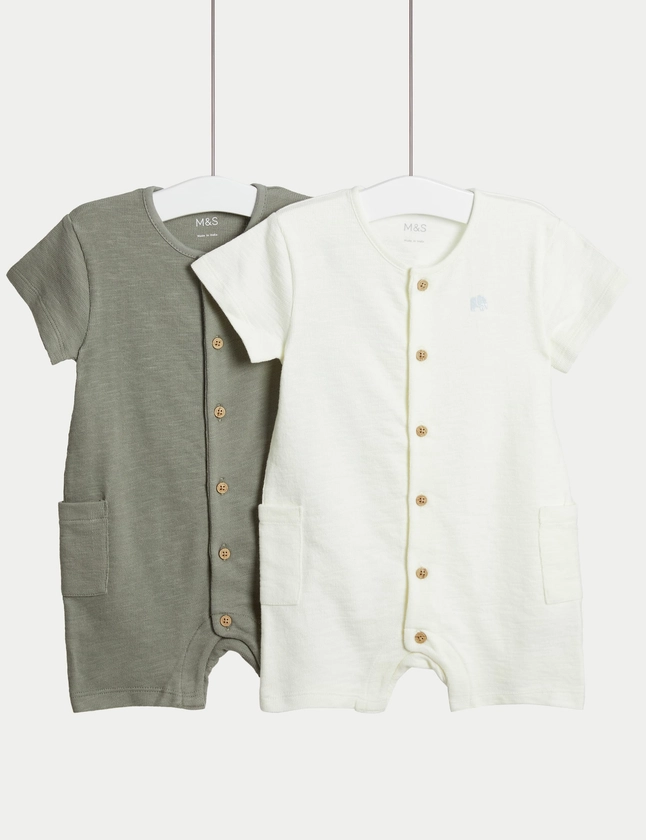 2pk Pure Cotton Elephant Rompers (0-3 Yrs) | M&S Collection | M&S