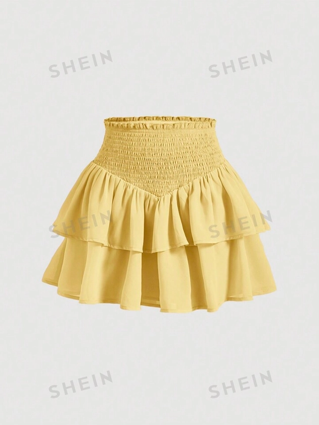 SHEIN MOD Women's Double Layer Ruffle Asymmetric Hem Shirred Waist Mini Skirt
