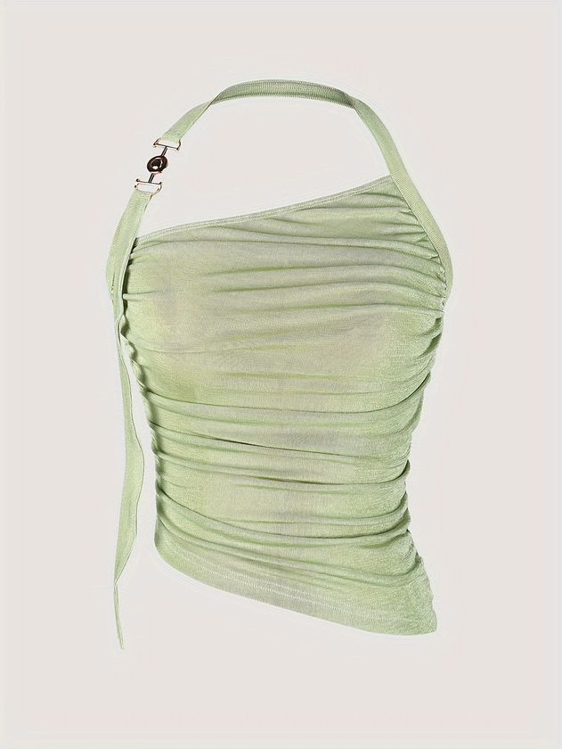 Ruched Halter Neck Top, Elegant Backless Asymmetrical Hem Top For Spring & Summer, Women's Clothing