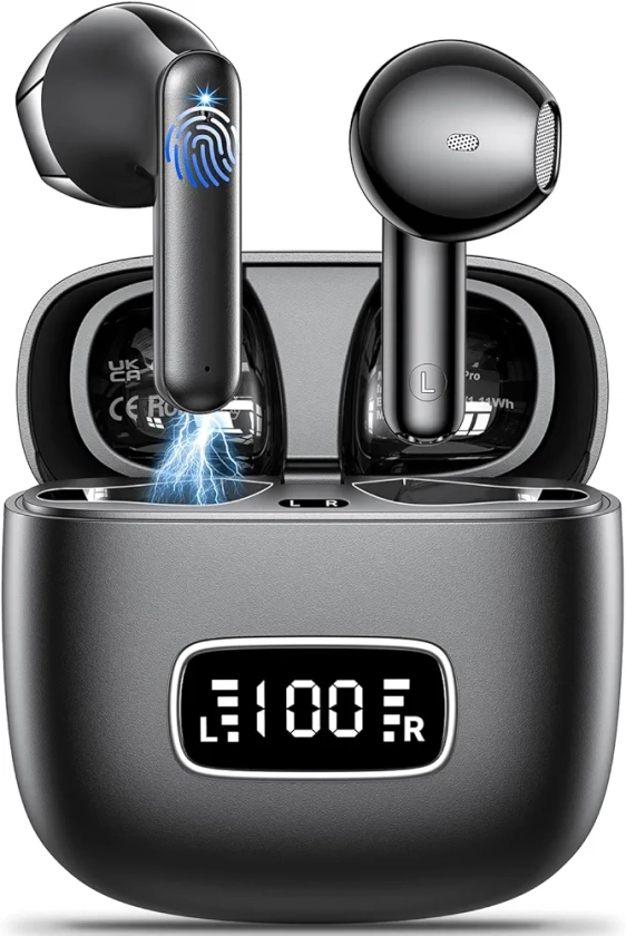 Ecouteurs Bluetooth sans Fil Godyse Ecouteurs Bluetooth 5.3 Écran LED ENC Réduction de Bruit Mic Hi-Fi Son Stéréo IPX6 Étanche Contrôle Tactile 42 Heures Durée Écouteurs sans Fil pour iOS Android Noir