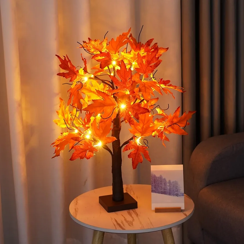 MEDOYOH 24LEDs Maple Leaf Tree Light, 60 cm/23.62 Inch Height, Warm White Maple Leaf Table Light, AA Battery Included/USB Powered Tree Lamp