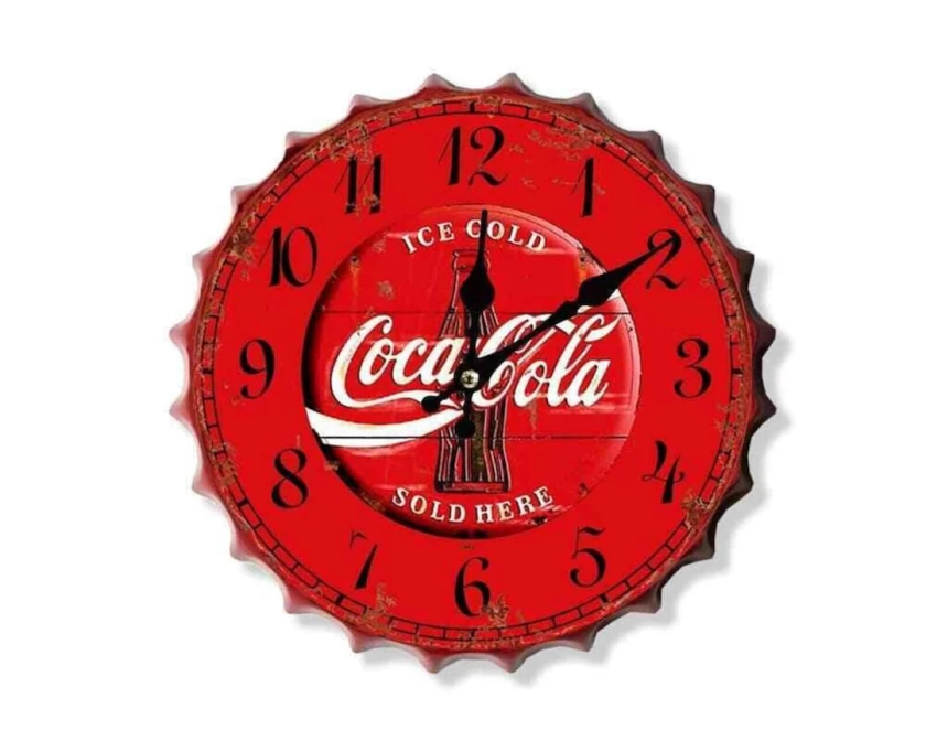 Coca Cola 30cm Wall CLOCK Display Sign Metal Bottle Top Bar
