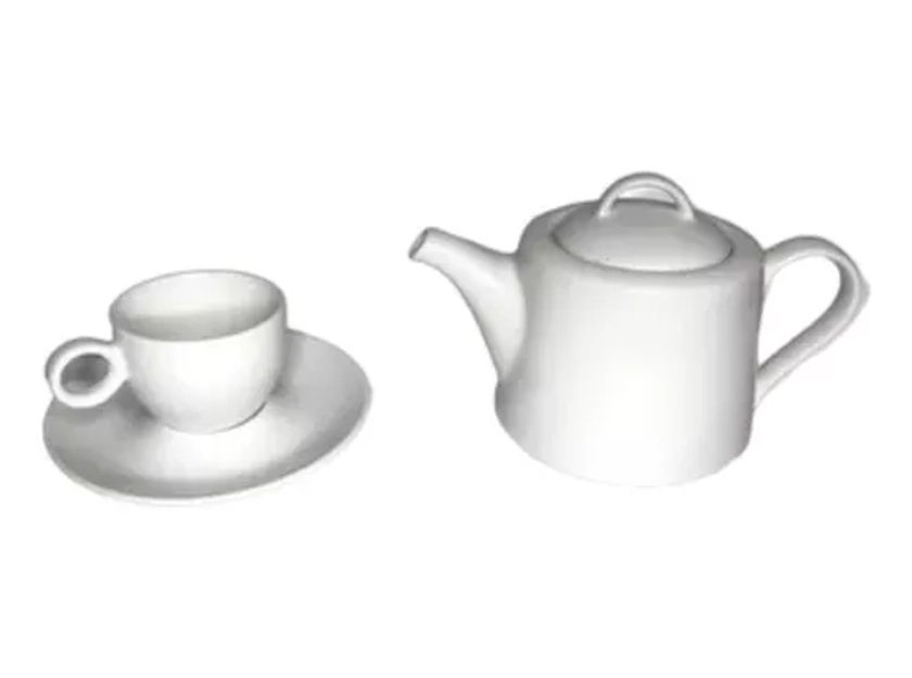 Tetera Porcelana Blanca 850cc Tapa Cafetera + 4 Tazas Platos