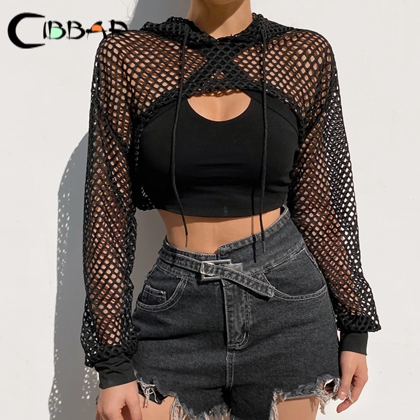 CIBBAR-Camiseta con agujeros de rejilla de estilo callejero para mujer, Top corto de manga larga con capucha transparente, holgado e informal, otoño - AliExpress