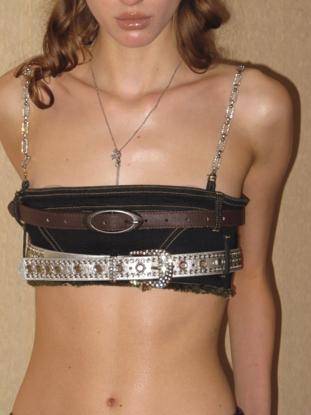 Chained Embellished Denim Bra Top With Belts