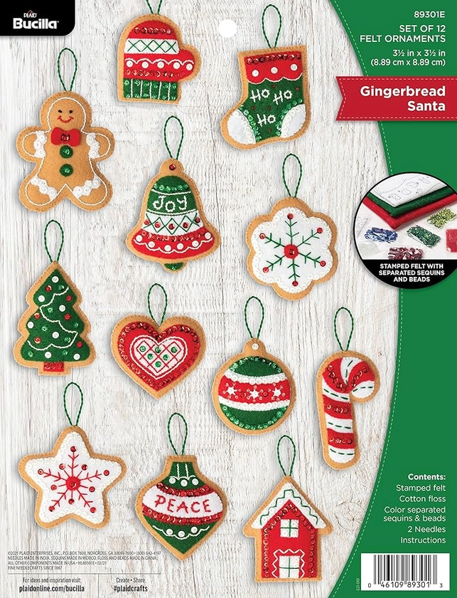 Bucilla Felt Ornaments Applique Kit Set of 12-Gingerbread Santa