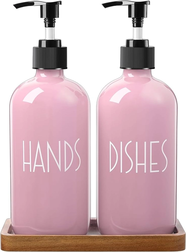 ALELION Dish Soap Dispenser for Kitchen - 16 OZ Glass Hand Soap Dispenser Set with Acacia Wood Tray - Pink Kitchen Bathroom Decor and Accessories : Amazon.ca: Home