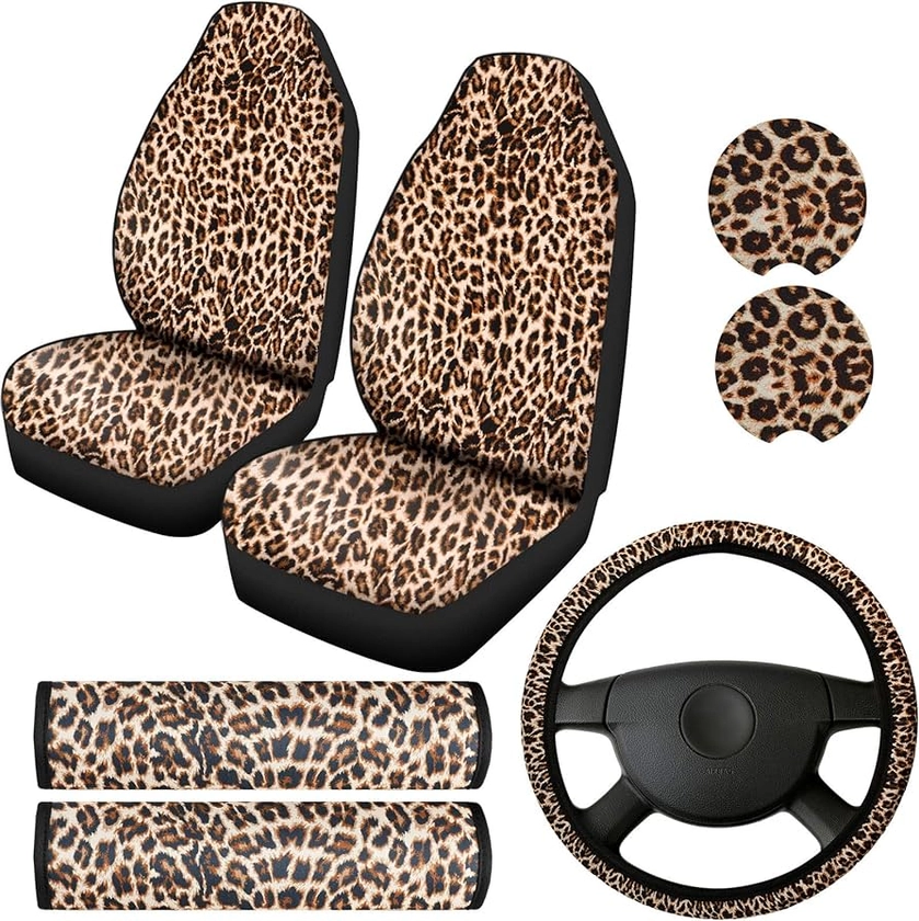 7 Pieces Leopard Print Car Accessories Set, 2 Pieces Car Front Seat Covers, Leopard Steering Wheel Cover, 2 Pieces Leopard Car Cup Holders and 2 Pieces Car Shoulder Pads for Most Cars