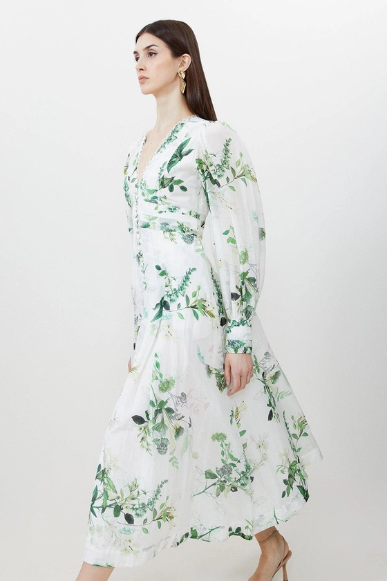 Silk Cotton Spring Floral Plunge Woven Maxi Dress | Karen Millen