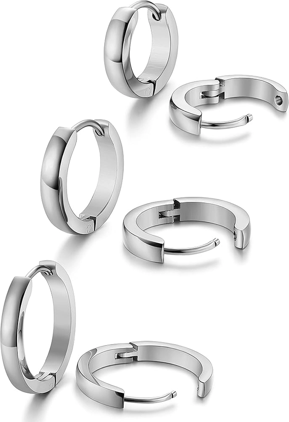 Jstyle 3Pairs Stainless Steel Mens Womens Hoop Earrings Huggie Ear Piercings Hypoallergenic 12/16/20mm