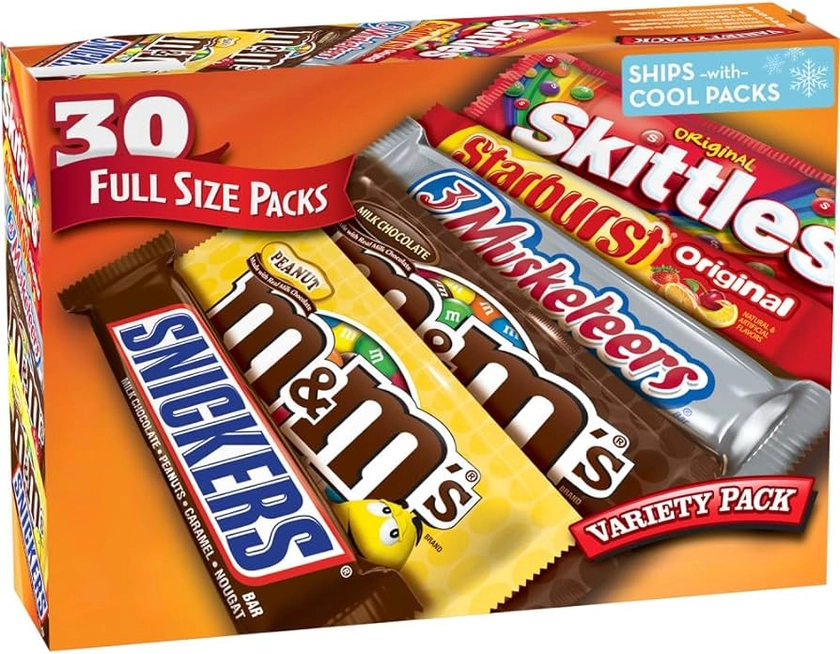 M&M'S, SNICKERS, 3 MUSKETEERS, SKITTLES & STARBURST Full Size Chocolate Candy Variety Mix 56.11-Ounce 30-Count Box
