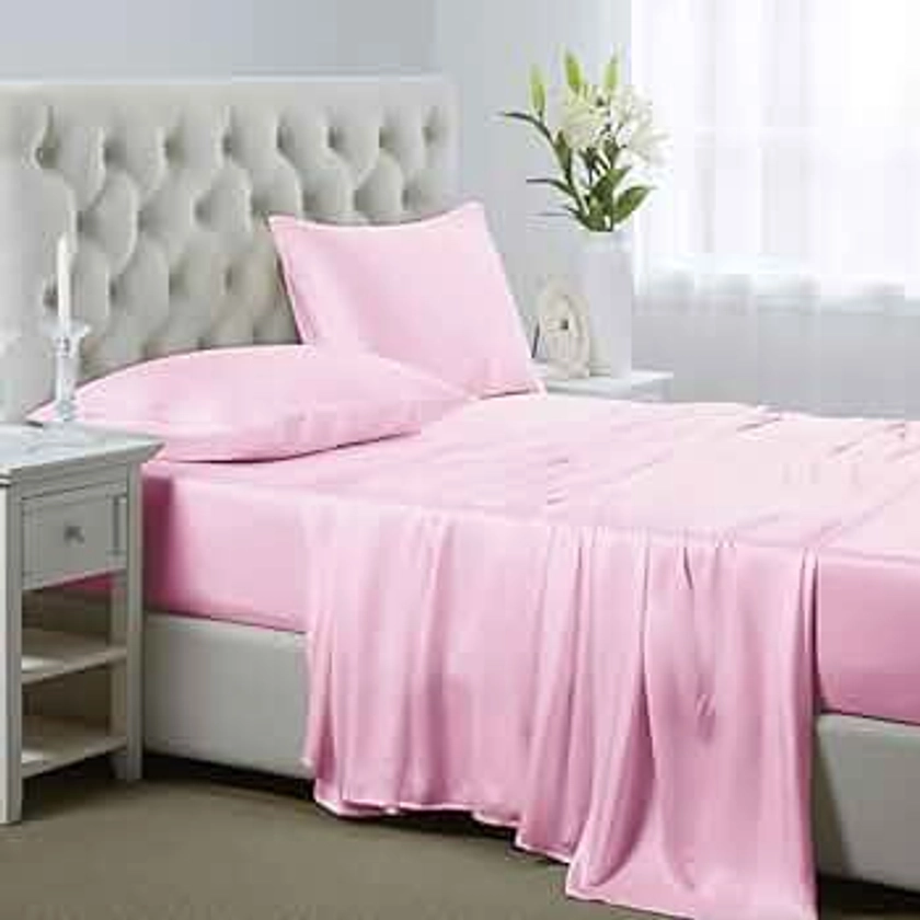 Lanest Housing Silk Satin Sheets, Full Size Satin Bed Sheet Set with Deep Pockets, Cooling Soft and Hypoallergenic Satin Sheets Full - Pink