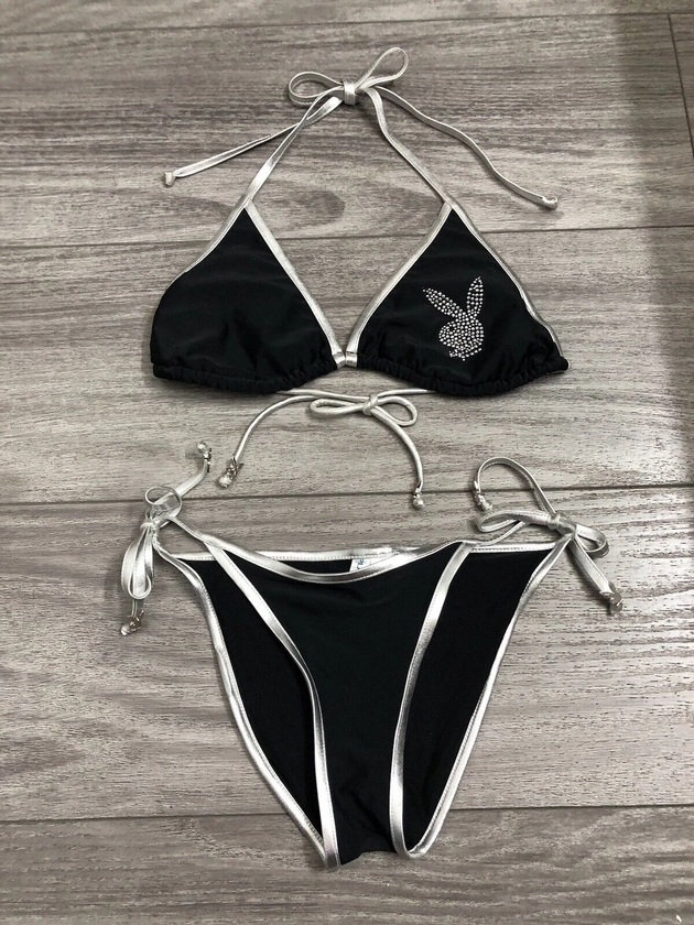 Playboy Y2K Black Silver Bunny Rhinestone Bikini Womens Medium-Made In USA-EUC!