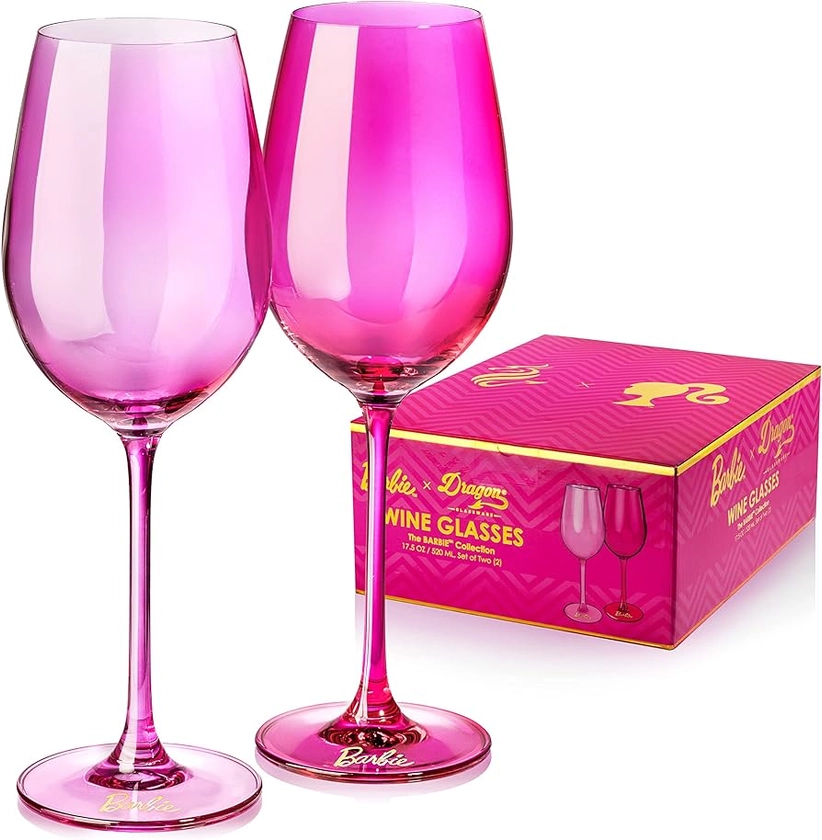 Dragon Glassware x Barbie Wine Glasses, Pink and Magenta Crystal Glass, As Seen in Barbie The Movie, 17.5 oz Capacity, Set of 2