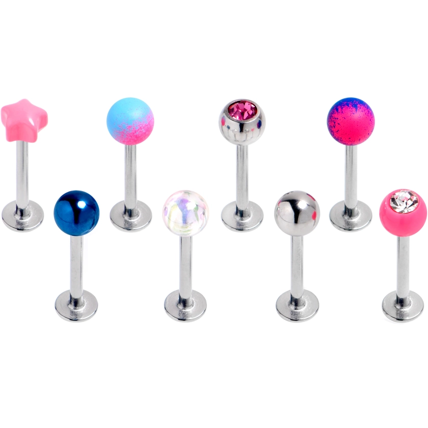 16 Gauge 5/16 Pink Gem Purple Blue Labret Monroe Tragus Set of 8