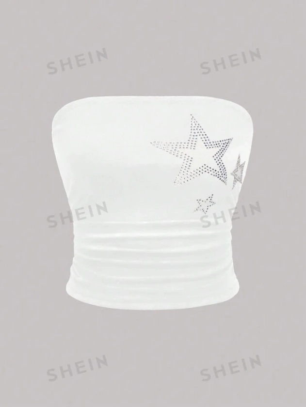 ROMWE Grunge Punk Strapless White Tube Top With Star Print And Rhinestone Embellishments For Women | SHEIN USA