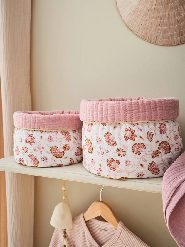 Lot de 2 petits paniers de rangement réversibles Folk rose imprimé - Vertbaudet