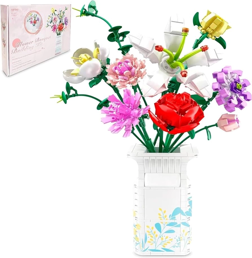 Adults Flowers Bouquet Building Set for Women, 10 Artificial Flowers, with Blocks Vase (730 Pcs)