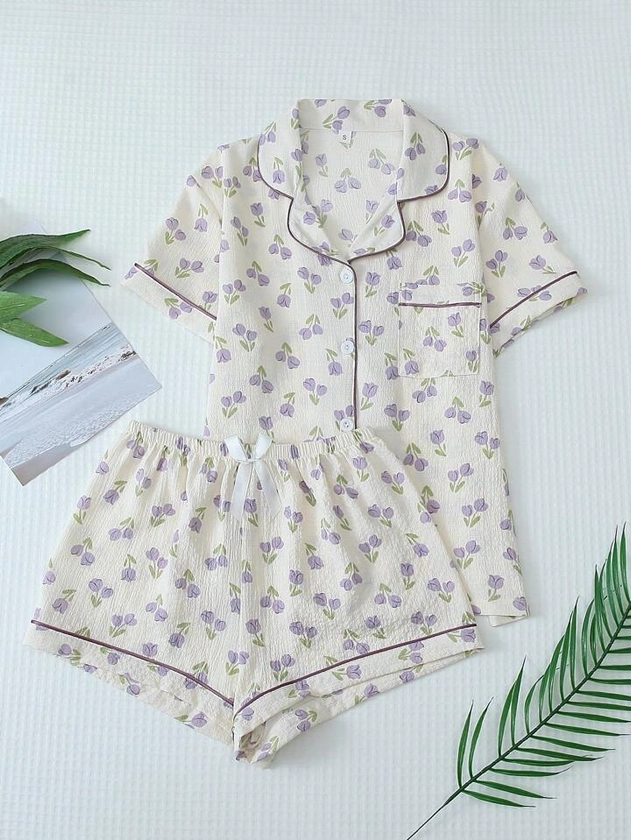 2pcs/Set Women's Purple Floral Print Pyjama Set With Contrast Trim & Bow Accented Cami Top And Shorts For Summer Lounge