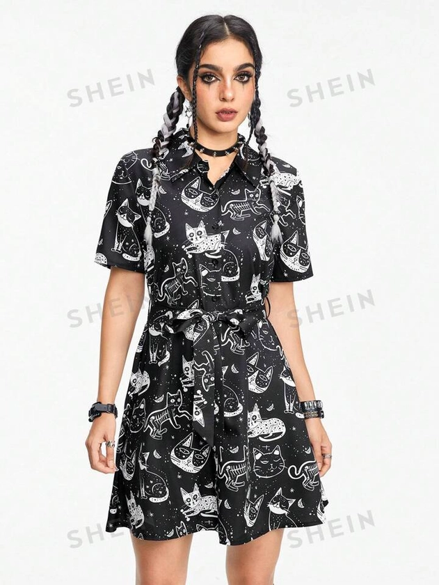 ROMWE Goth Vestido camisero de mujer con estampado de sol, luna, estrellas y gato, escolar