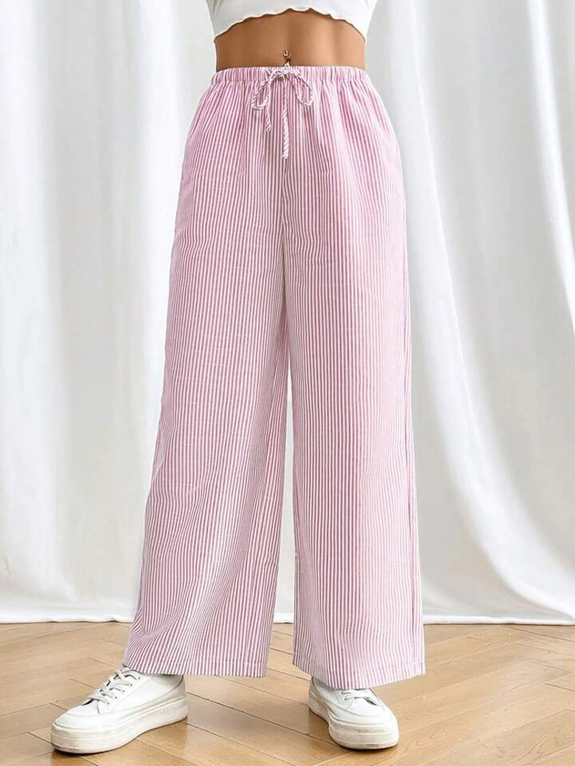 SHEIN PETITE Pantalon décontracté à rayures larges avec taille à cordon