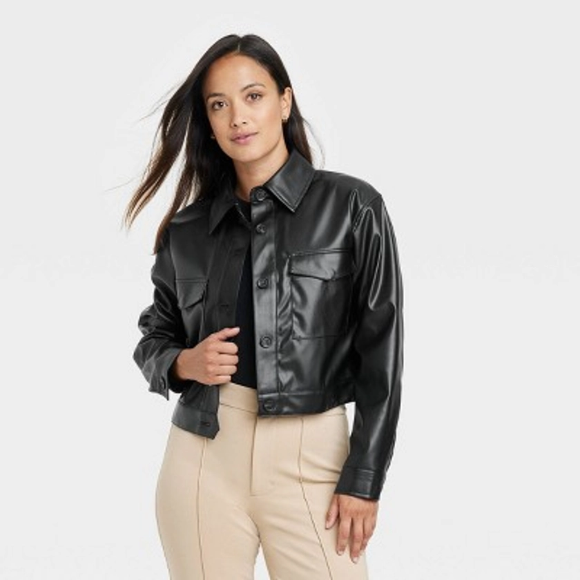 Women&#39;s Cropped Faux Leather Bomber Jacket - A New Day&#8482; Black M