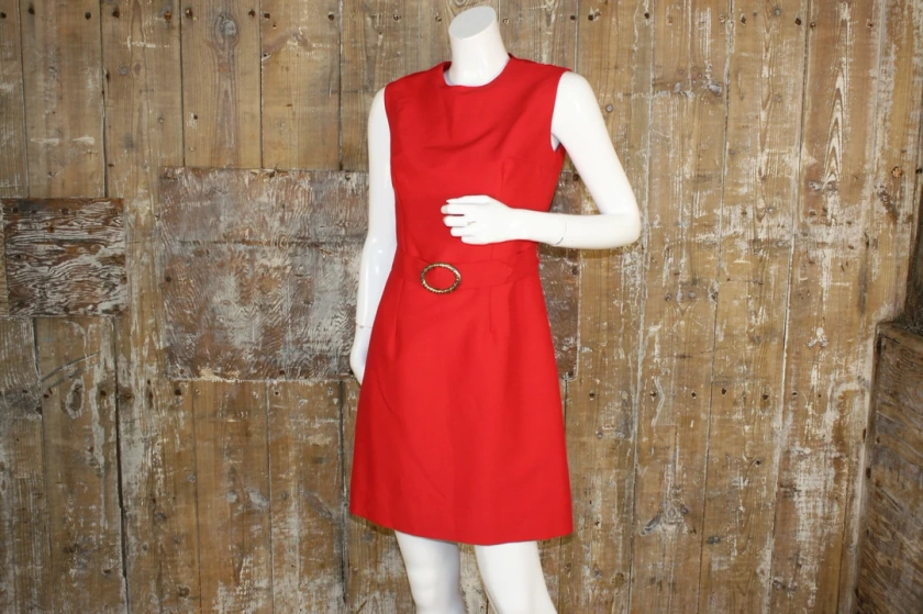 Vintage 60s red mini mod dress, size 10 UK belted sleeveless shift dress, 35" bust