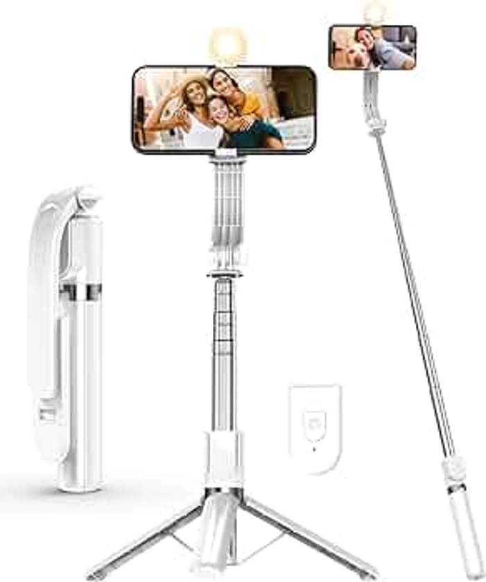 55" Phone Tripod & Selfie Stick,Cell Phone Tripods Stand with Wireless Remote,Phone Holder with Detachable Light, for iPhone 14 13 12 pro Xr X 8Plus 7, Android, Samsung Galaxy S22 S21 and More