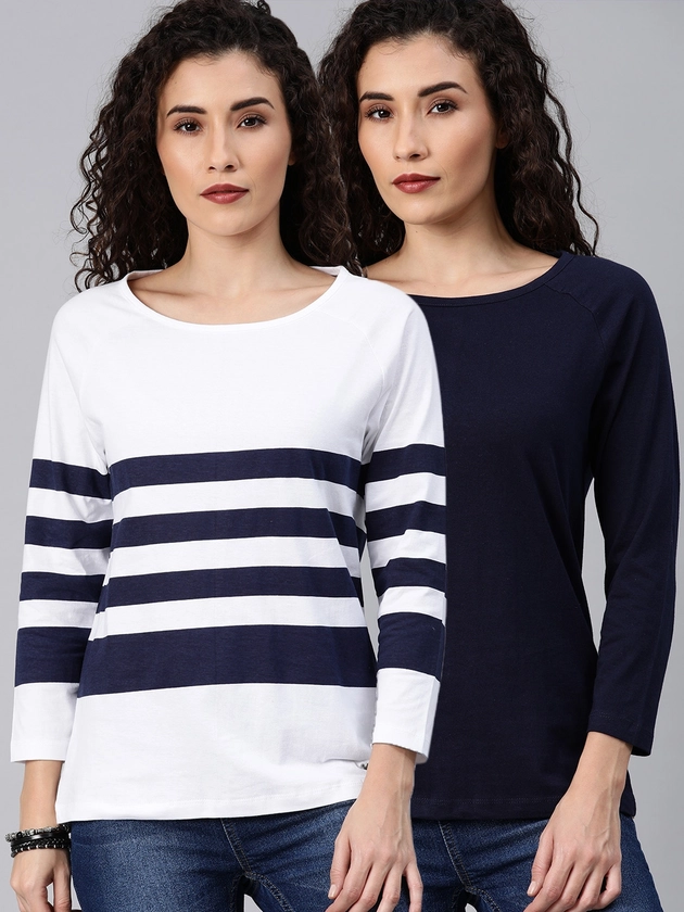 Roadster Women Pack of 2 White  Navy Blue Round Neck Pure Cotton T-shirt