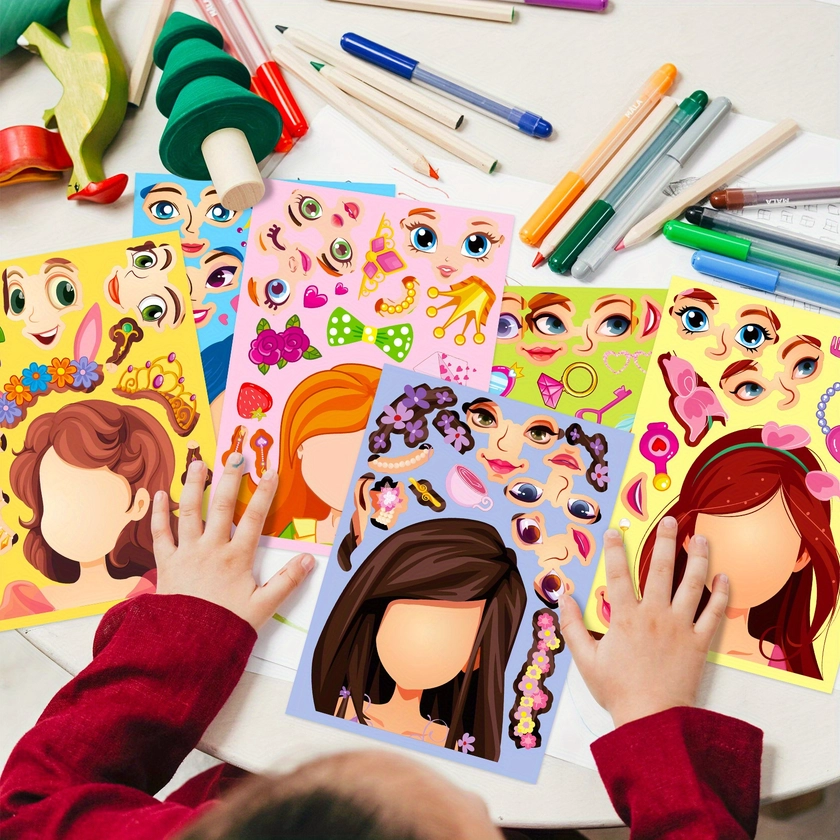 6 Sheets Cartoon Princess Face Swap Graffiti Stickers, Handmade DIY Puzzle Stickers