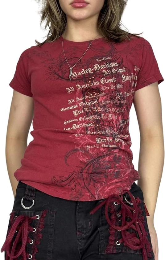 Women Y2K Grunge Short Sleeve T-Shirt E-Girl Punk Gothic Summer Graphic Tee Tops Vintage Harajuku Crop Tee Shirts (Red-7, L) at Amazon Women’s Clothing store