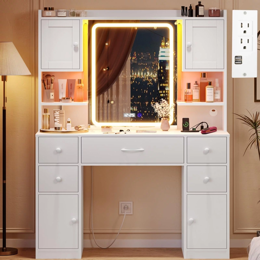 Afuhokles Large Vanity Desk with Lighted Mirror, 5 Drawers Makeup Vanity with Charging Station and Smart Mirror, White