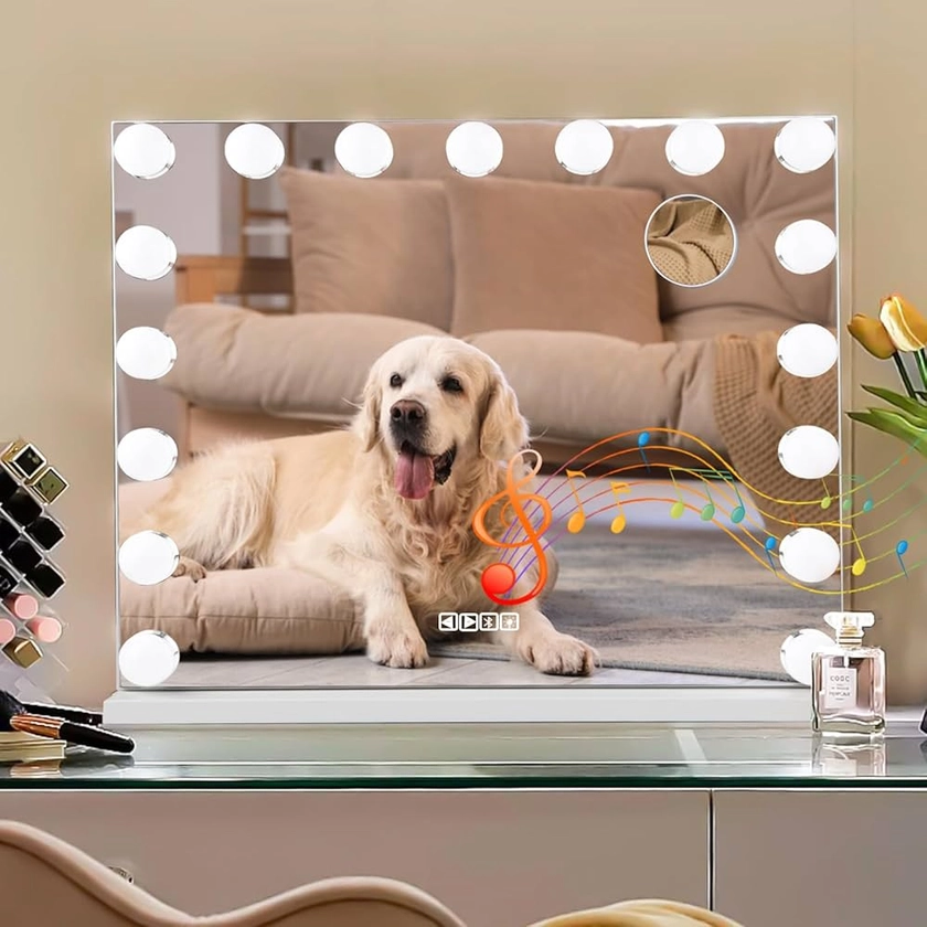 Vanity Mirror with Lights & Bluetooth Play Music 24"X18" LED Vanity Mirror 17 Dimmable LED Bulbs 3 Colour Illuminated Vanity Mirrors with Detachable 10x Magnifier and USB Charging Port