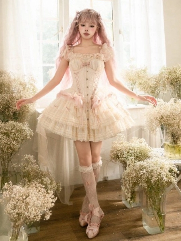 [£77.77]Beige and Pink Balletcore Long/Short Corset Dress + Flutter Sleeves Top Lolita Set