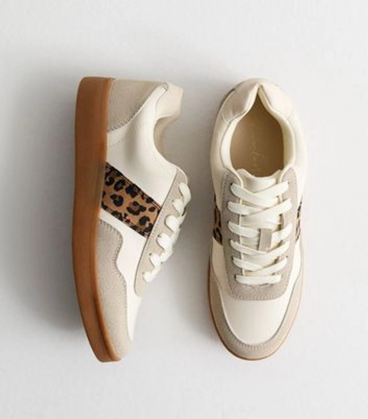 Off White Leopard Print Faux Leather Trainers