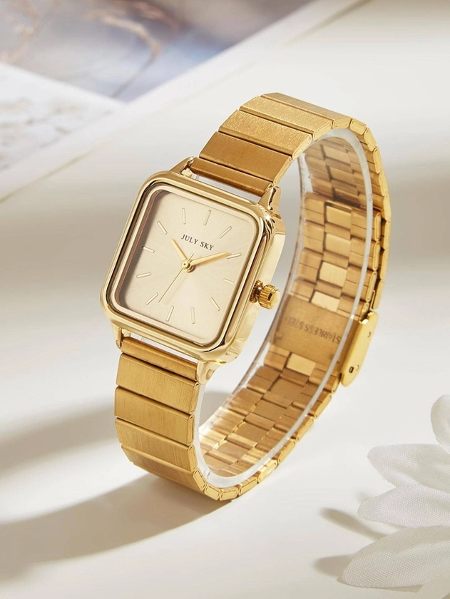 1 pièce Montre à quartz élégante minimaliste pour dames avec bracelet en acier inoxydable doré, idéale pour un cadeau de festival, Thanksgiving