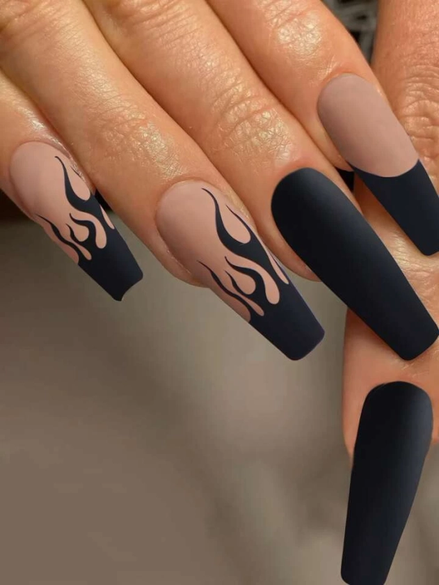 Upgrade Your Look with 24pcs Long Coffin Black Solid Fire Print Matte Fake Nail & 1pc Nail File & 1sheet Tape