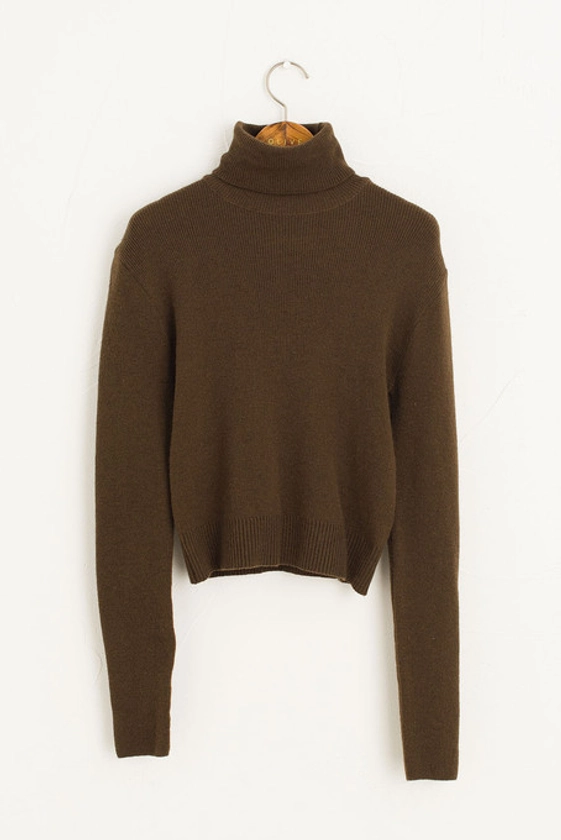 Ribbed Crop Roll Neck Jumper, Brown