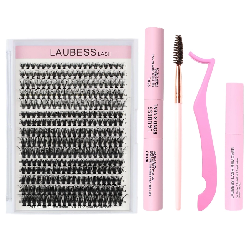 Individual Lashes with Bond and Seal DIY Lash Extension Kit 300 Pcs Cluster Lashes Kit & Eyelash Glue Remover & Lash Tweezers & Lash Brush Eyelash Extension Kit (Set 20D/40D/50D-0.07D-8-16Mix)