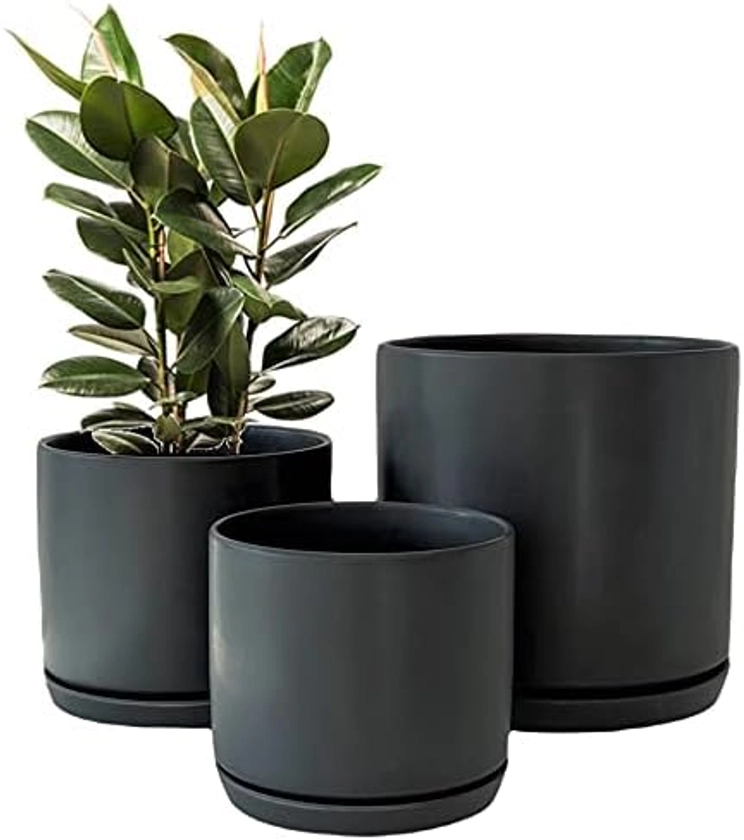 Set of 3 Round Matte Black Ceramic Planter with Saucers for Indoor and Outdoor (Matte Black) : Amazon.com.be: Garden