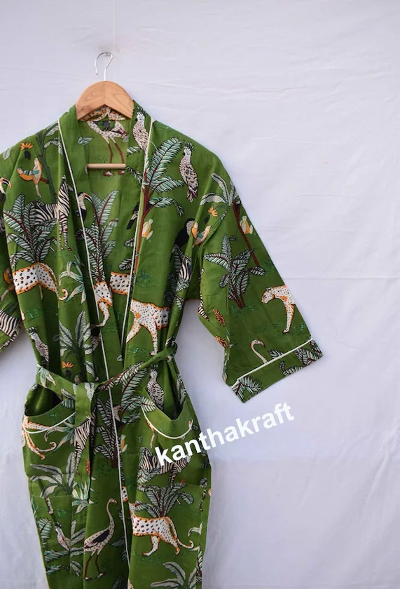 Robe de chambre kimono en coton vert, robe de mariée robe de demoiselle d'honneur à imprimé bloc, vêtements de nuit d'été peignoir vêtements de plage femmes hommes cadeaux tigre