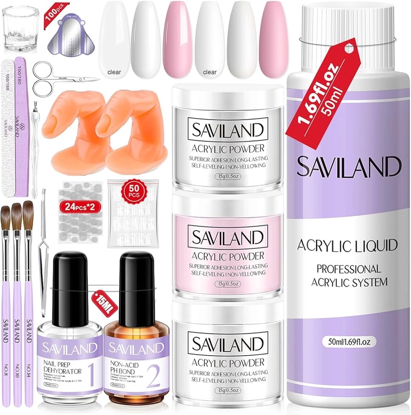 Saviland Acrylic Nail Kit for Starters: 3 Colors Acrylic Powder and Liquid Set Acrylic Nail Brush Nail Tool Kit Acrylic Set for Beginners DIY Nail Extension Acrylic Nail Application Nail Manicure Gift