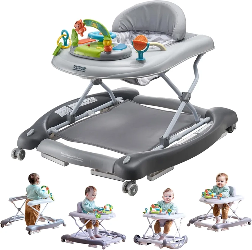 VEVOR 4-in-1 Baby Walker, Foldable Baby Activity Center with Wheels, 3 Adjustable Height, Music & Toys Tray, Learning-Seated | Walk-Behind | Rocker | Bouncer Toddler Walker for Boys Girls 6-24 Months