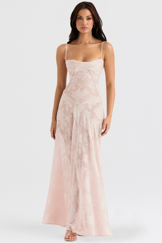 Clothing : Maxi Dresses : 'Seren' Soft Pink Floral Lace Back Maxi Dress 