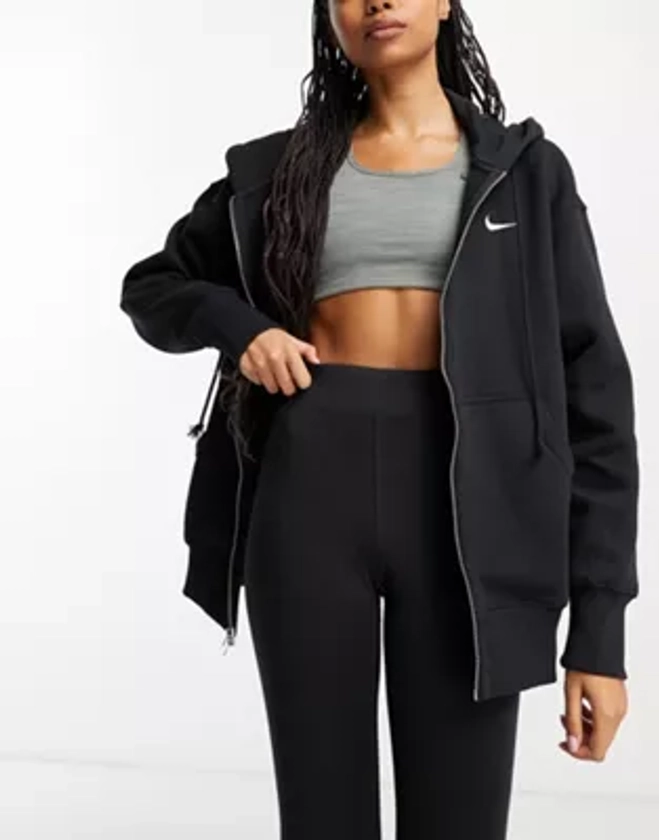 Nike mini swoosh oversized full zip hoodie in black and sail | ASOS